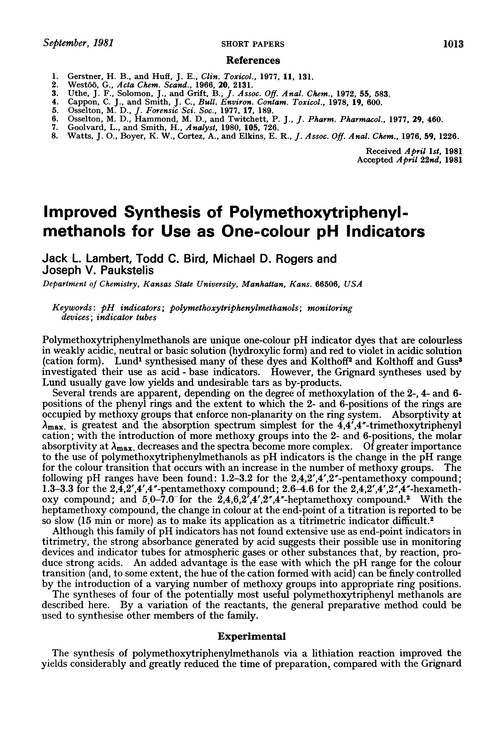 Improved synthesis of polymethoxytriphenyl-methanols for use as one-colour pH indicators