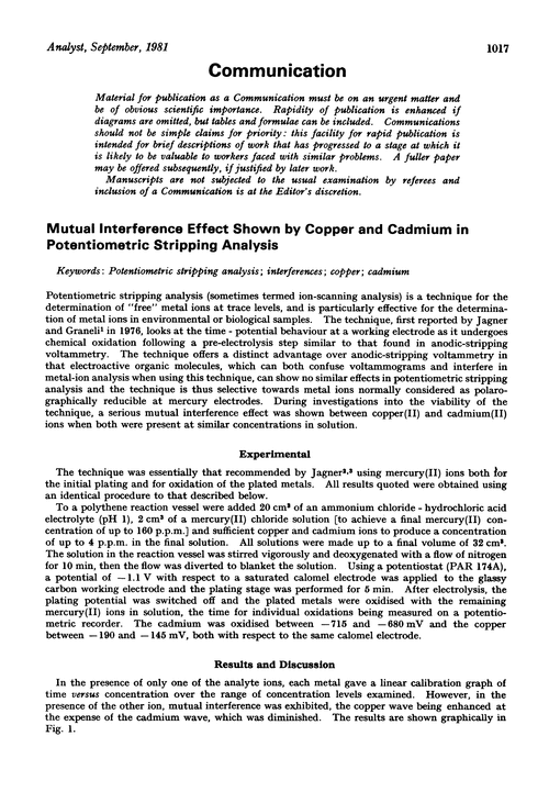 Communication. Mutual interference effect shown by copper and cadmium in potentiometric stripping analysis