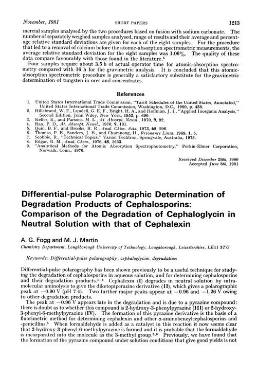 Differential-pulse polarographic determination of degradation products of cephalosporins: comparison of the degradation of cephaloglycin in neutral solution with that of cephalexin