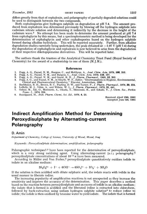 Indirect amplification method for determining peroxydisulphate by alternating-current polarography