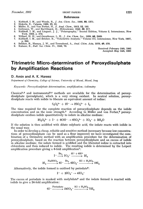 Titrimetric micro-determination of peroxydisulphate by amplification reactions