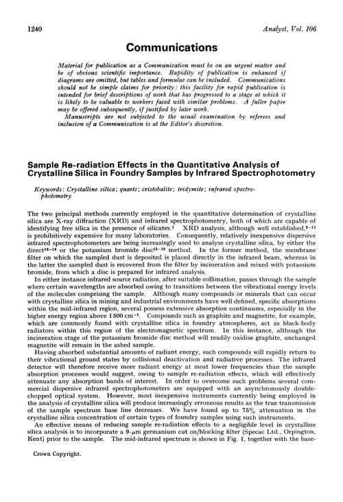 Communications. Sample re-radiation effects in the quantitative analysis of crystalline silica in foundry samples by infrared spectrophotometry