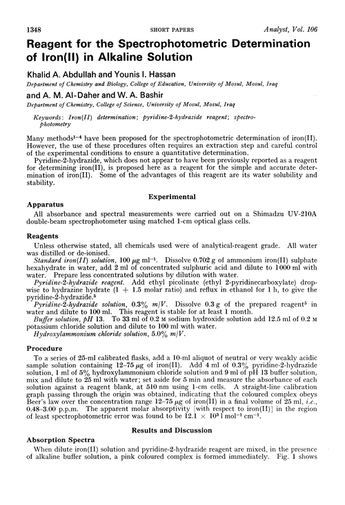 Reagent for the spectrophotometric determination of iron (II) in alkaline solution