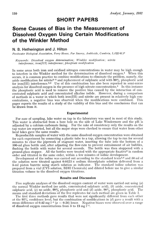 Some causes of bias in the measurement of dissolved oxygen using certain modifications of the winkler method