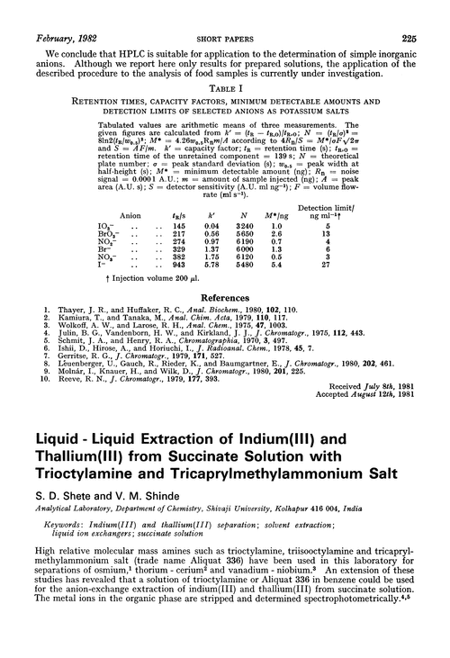 Liquid-liquid extraction of indium(III) and thallium(III) from succinate solution with trioctylamine and tricaprylmethylammonium salt