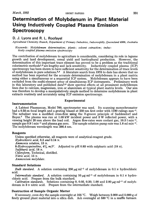 Determination of molybdenum in plant material using inductively coupled plasma emission spectroscopy