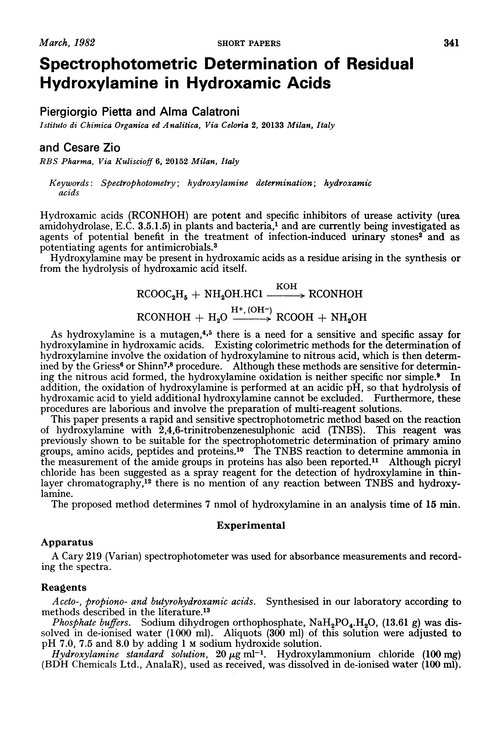 Spectrophotometric determination of residual hydroxylamine in hydroxamic acids