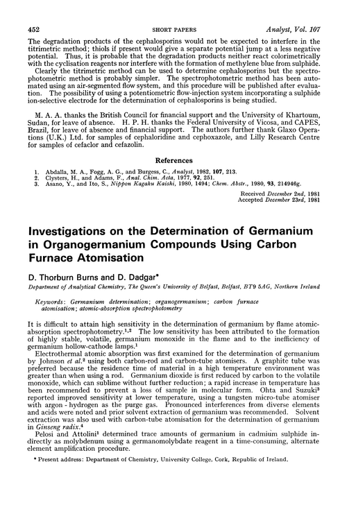 Investigations on the determination of germanium in organogermanium compounds using carbon furnace atomisation