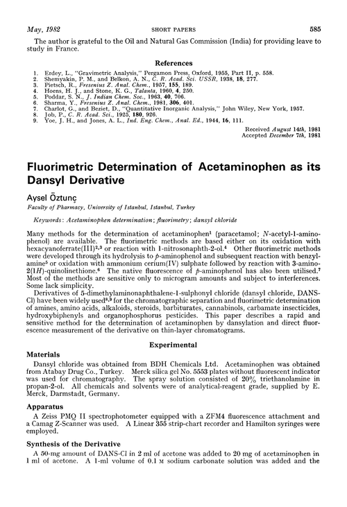 Fluorimetric determination of acetaminophen as its dansyl derivative