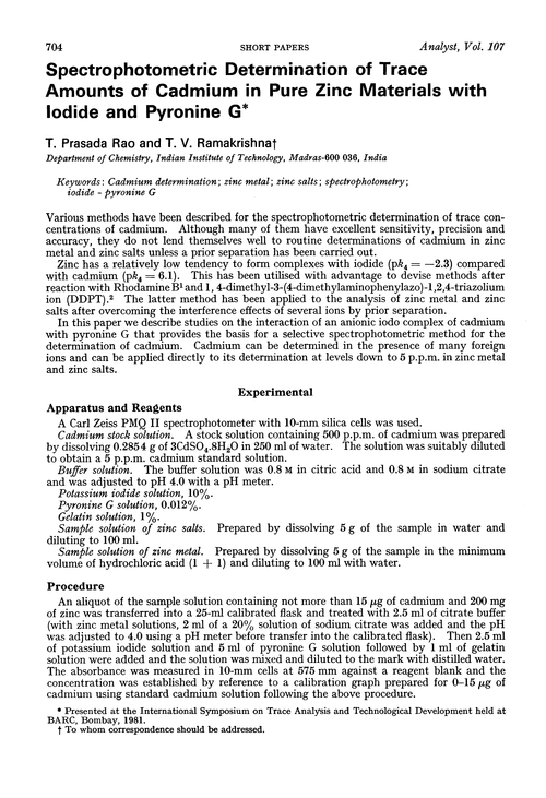 Spectrophotometric determination of trace amounts of cadmium in pure zinc materials with iodide and pyronine G