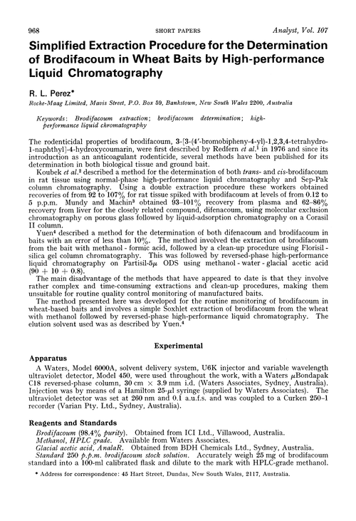 Simplified extraction procedure for the determination of brodifacoum in wheat baits by high-performance liquid chromatography