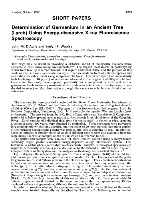 Determination of germanium in an ancient tree (Larch) using energy-dispersive X-ray fluorescence spectroscopy