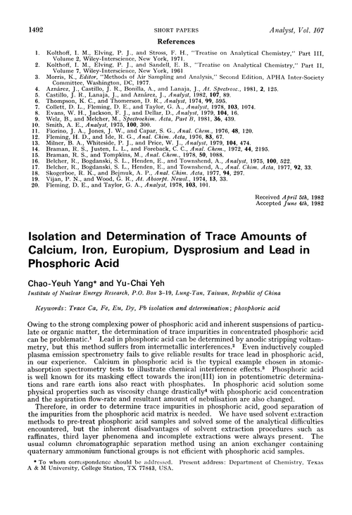 Isolation and determination of trace amounts of calcium, iron, europium, dysprosium and lead in phosphoric acid