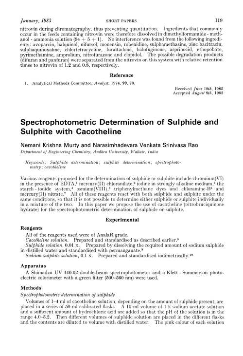 Spectrophotometric determination of sulphide and sulphite with cacotheline