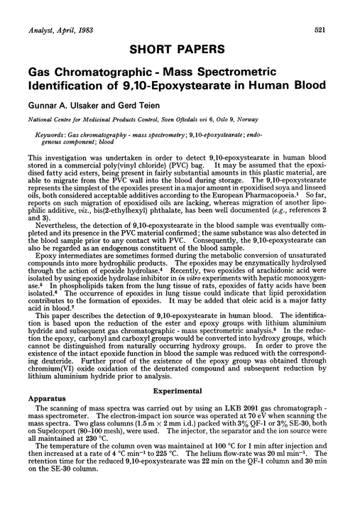 Gas chromatographic-mass spectrometric identification of 9,10-epoxystearate in human blood