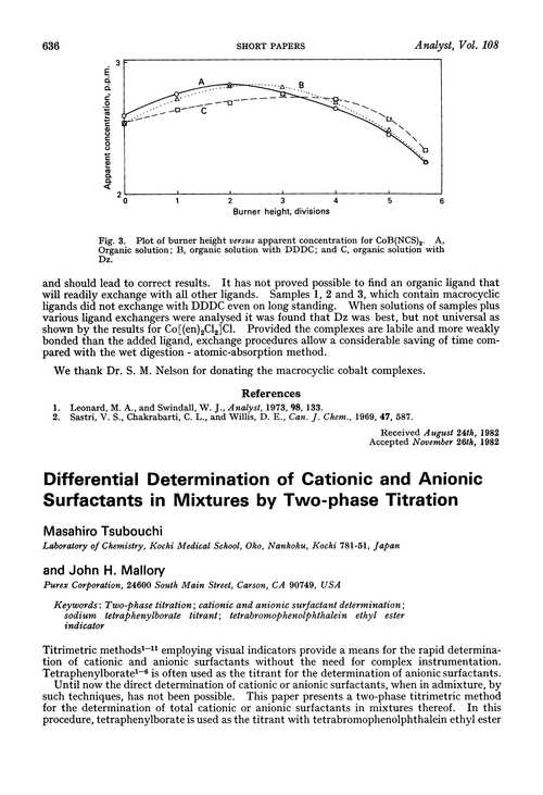 Differential determination of cationic and anionic surfactants in mixtures by two-phase titration