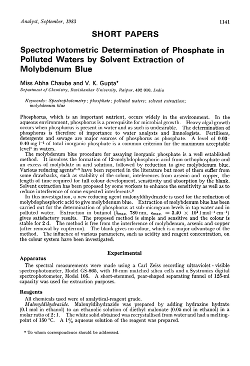 Spectrophotometric determination of phosphate in polluted waters by solvent extraction of molybdenum blue