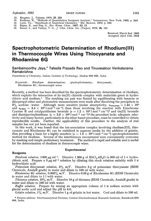 Spectrophotometric determination of rhodium(III) in thermocouple wires using thiocyanate and rhodamine 6G