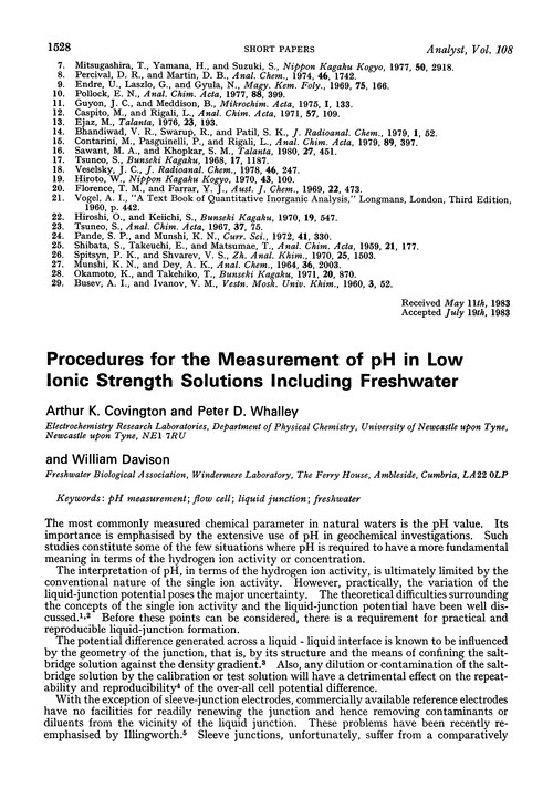 Procedures for the measurement of pH in low ionic strength solutions including freshwater