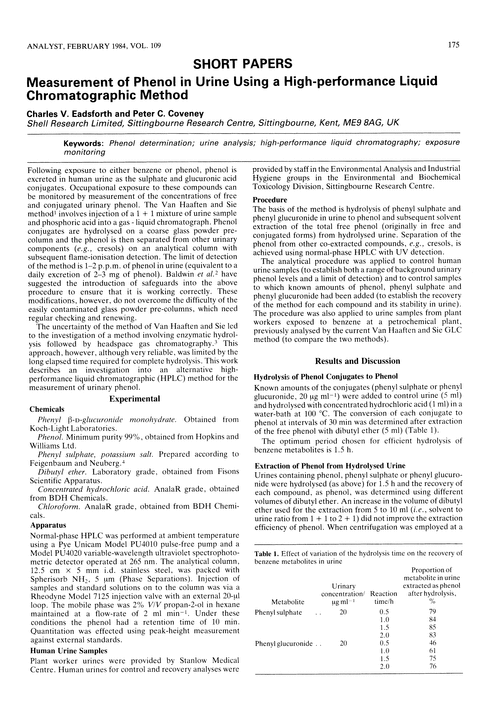 Measurement of phenol in urine using a high-performance liquid chromatographic method
