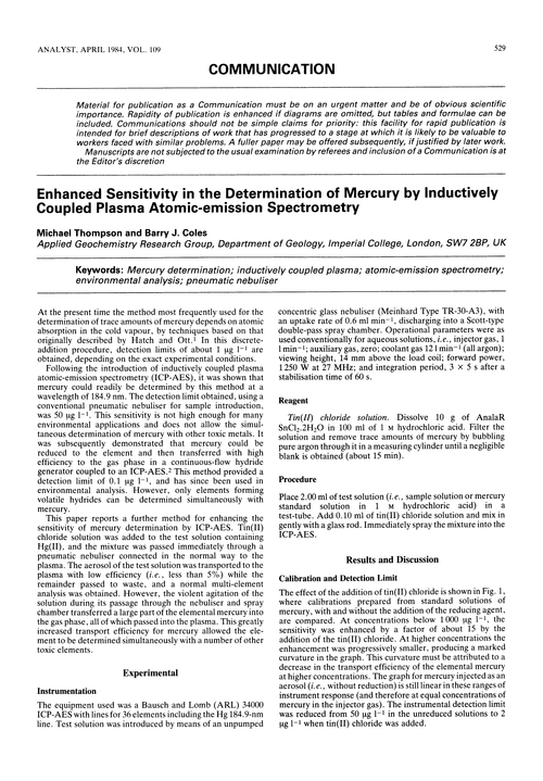 Communication. Enhanced sensitivity in the determination of mercury by inductively coupled plasma atomic-emission spectrometry