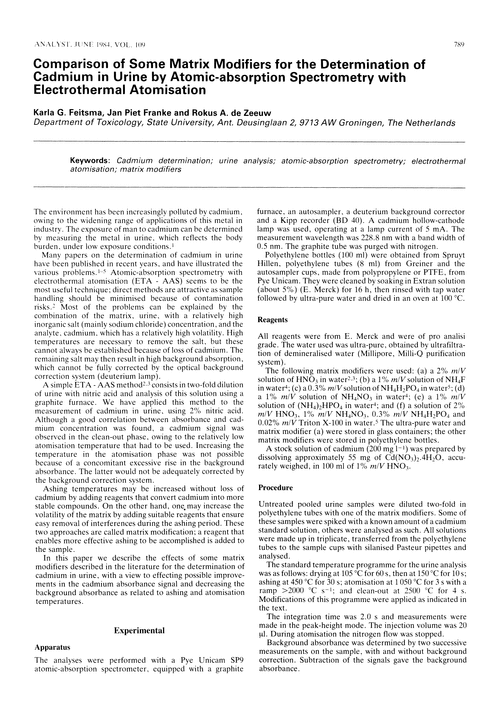 Comparison of some matrix modifiers for the determination of cadmium in urine by atomic-absorption spectrometry with electrothermal atomisation