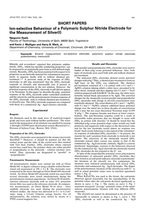 Ion-selective behaviour of a polymeric sulphur nitride electrode for the measurement of silver(I)
