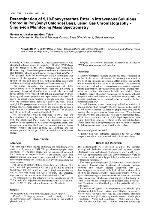 Determination of 9,10-epoxystearate ester in intravenous solutions stored in poly(vinyl chloride) bags, using gas chromatography-single-ion monitoring mass spectrometry
