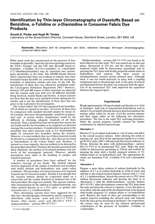 Identification by thin-layer chromatography of dyestuffs based on benzidine, o-tolidine or o-dianisidine in consumer fabric dye products