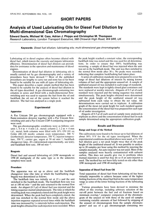 Analysis of used lubricating oils for diesel fuel dilution by multi-dimensional gas chromatography