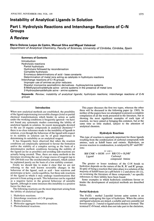 Instability of analytical ligands in solution. Part I. Hydrolysis reactions and interchange reactions of C [[double bond, length as m-dash]] N groups. A review