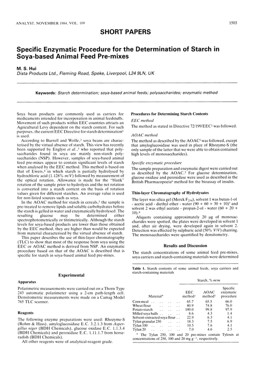 Specific enzymatic procedure for the determination of starch in soya-based animal feed pre-mixes