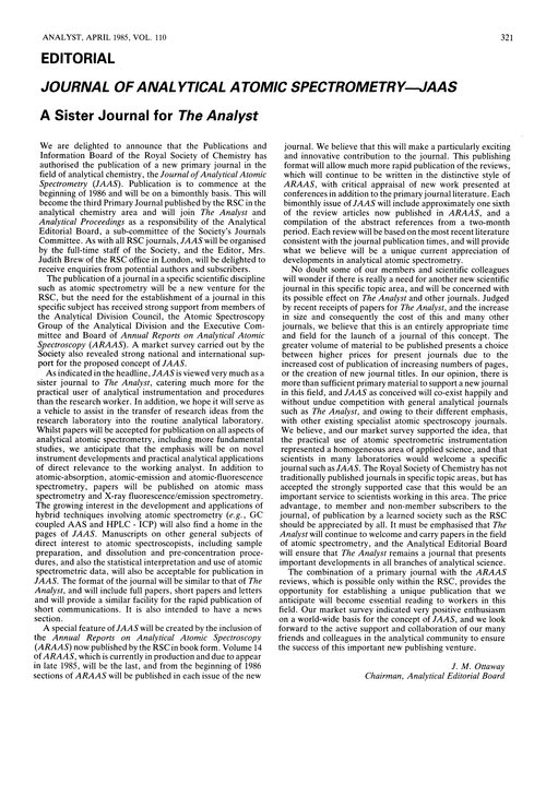 Editorial. Journal of Analytical Atomic Spectrometry—JAAS. A sister journal for The Analyst