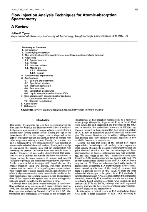 Flow injection analysis techniques for atomic-absorption spectrometry. A review