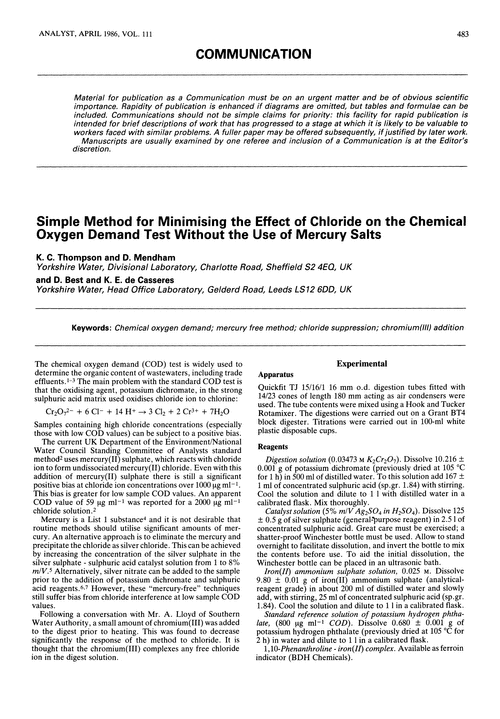 Communication. Simple method for minimising the effect of chloride on