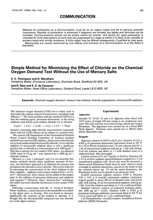 Communication. Simple method for minimising the effect of chloride on the chemical oxygen demand test without the use of mercury salts