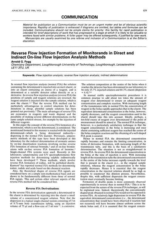 Communication. Reverse flow injection formation of monitorands in direct and indirect on-line flow injection analysis methods