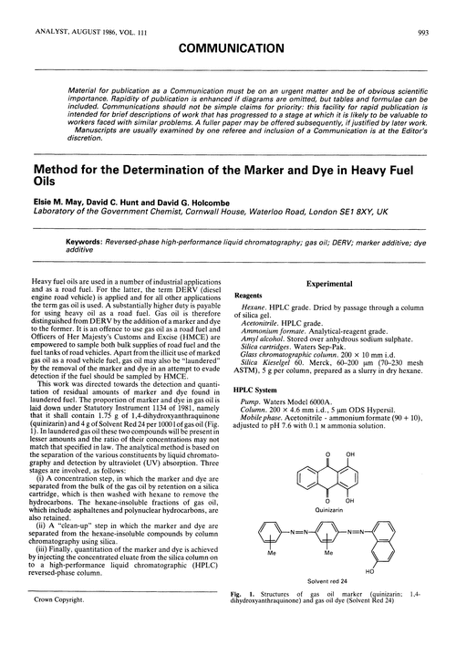 Communication. Method for the determination of the marker and dye in heavy fuel oils