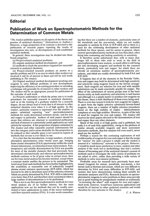 Editorial. Publication of work on spectrophotometric methods for the determination of common metals