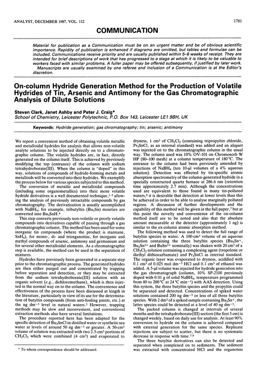 Communication. On-column hydride generation method for the production of volatile hydrides of tin, arsenic and antimony for the gas chromatographic analysis of dilute solutions