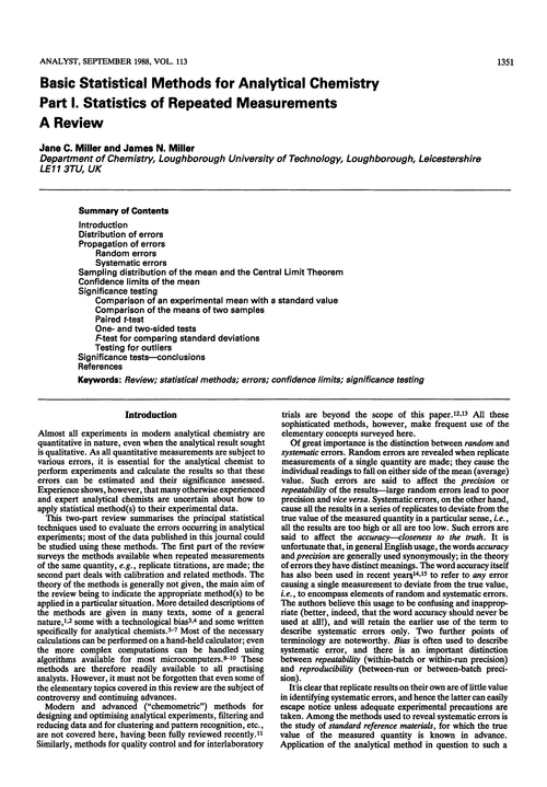 Basic statistical methods for analytical chemistry. Part I. Statistics of repeated measurements. A review