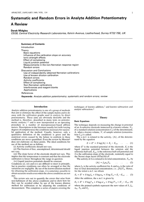 Systematic and random errors in analyte addition potentiometry. A review