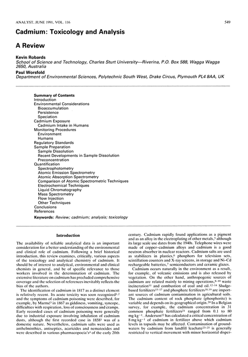 Cadmium: toxicology and analysis. A review