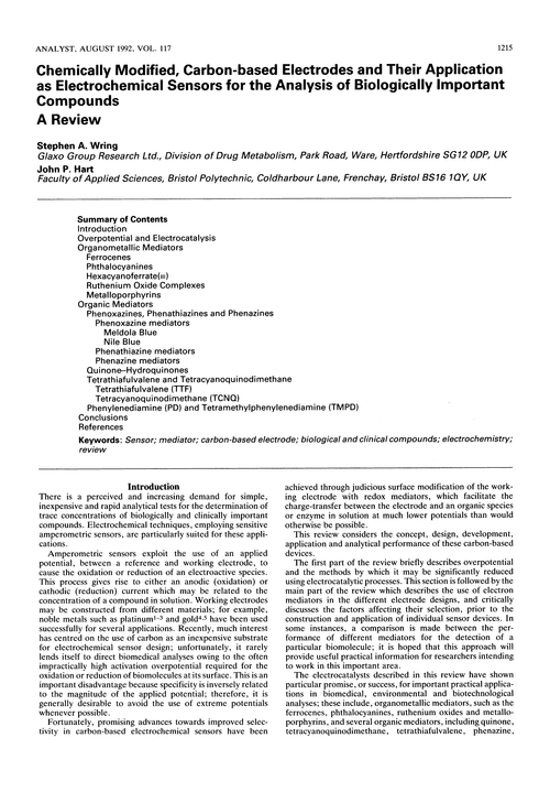 Chemically modified, carbon-based electrodes and their application as electrochemical sensors for the analysis of biologically important compounds. A review