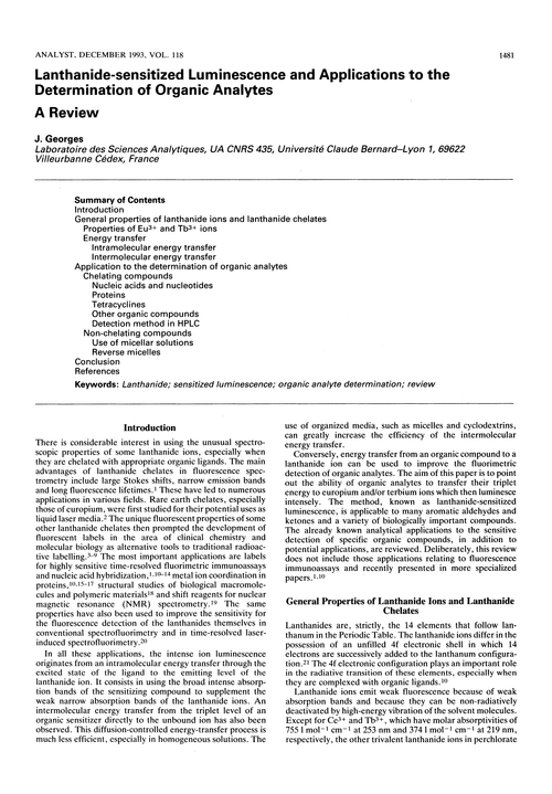 Lanthanide-sensitized luminescence and applications to the determination of organic analytes. A review
