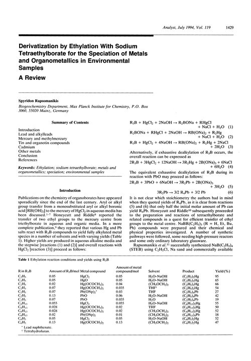 Derivatization by ethylation with sodium tetraethylborate for the speciation of metals and organometallics in environmental samples. A review