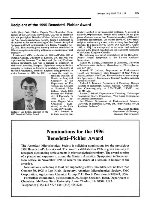 Recipient of the 1995 Bendetti–Pichler Award