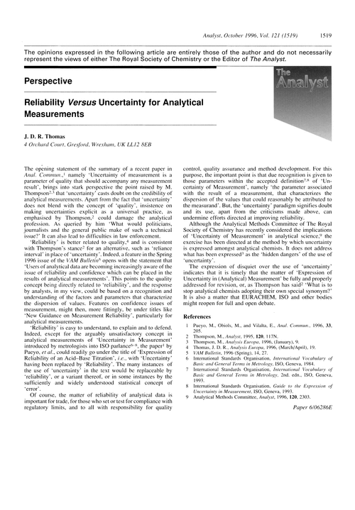 Perspective. Reliability versus uncertainty for analytical measurements