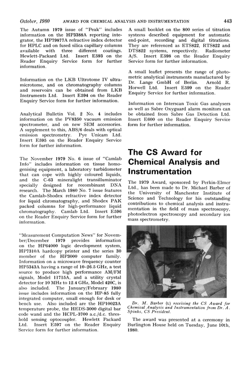 The CS Award for chemical analysis and instrumentation