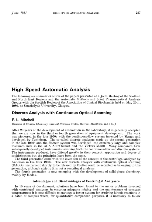 High speed automatic analysis